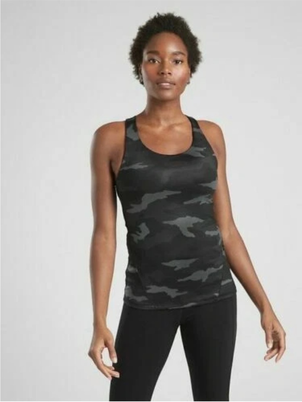 Athleta Contender Black & Gray Camo Scoop Neck Tank with Bra Self and Padding